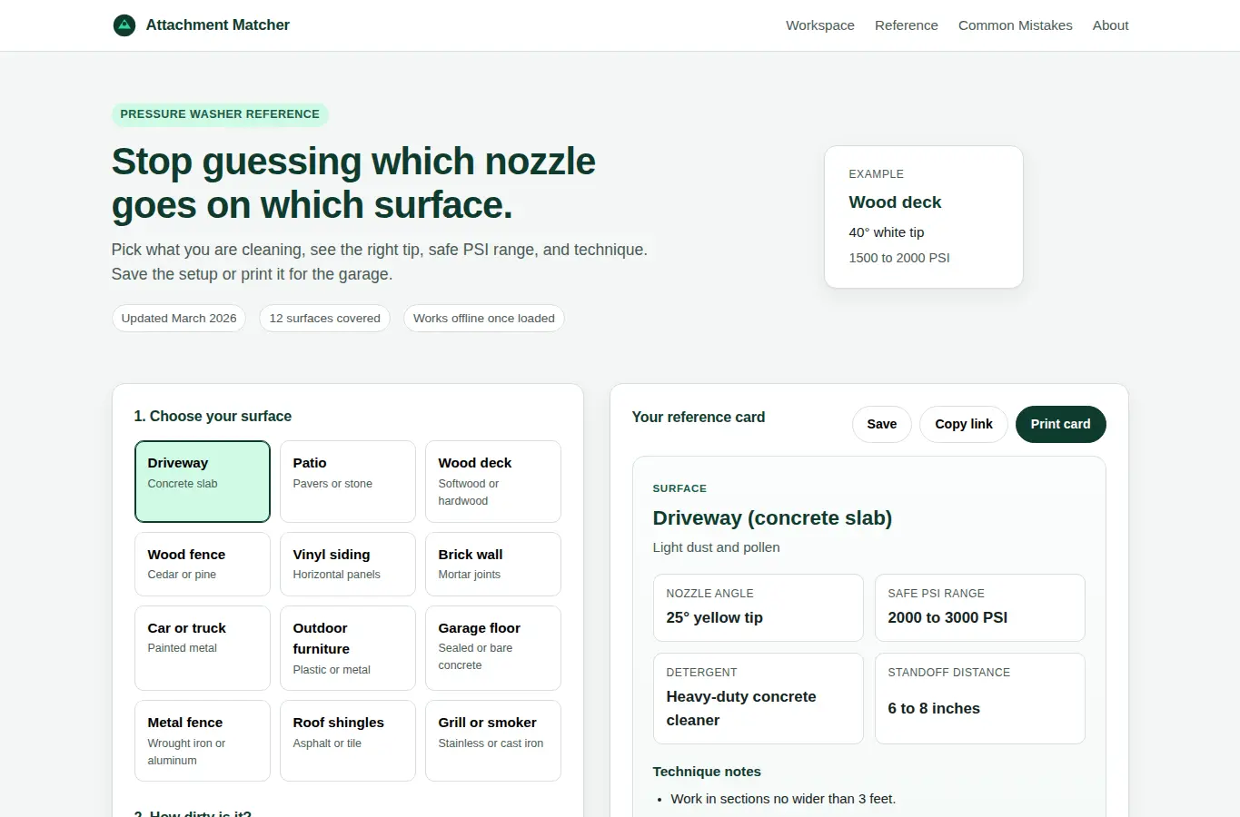 Screenshot of Pressure Washer Attachment Matcher interface showing the project page in use